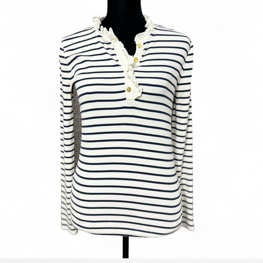J CREW white and blue striped long sleeve shirt  S, with vintage bib.